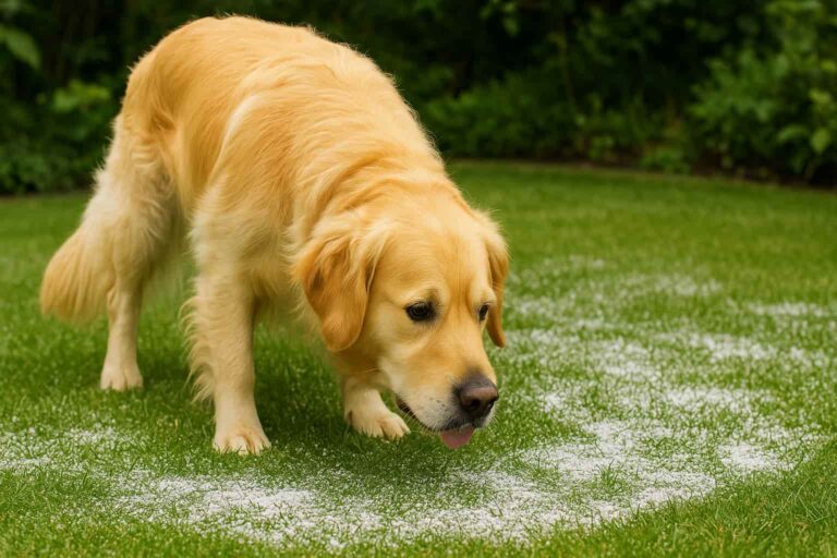 Ein neugieriger Golden Retriever schnüffelt auf einem Rasen, auf dem Gartenkalk ausgebracht wurde.