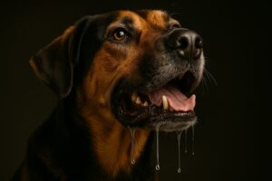Ein Hund sabbert stark und sein Maul ist in Großaufnahme aufgenommen worden.