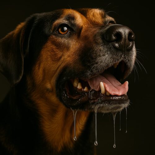 Ein Hund sabbert stark und sein Maul ist in Großaufnahme aufgenommen worden.