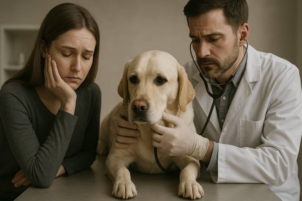 Tierarzt untersucht einen Hund, während die besorgte Besitzerin daneben sitzt und eine schwere Entscheidung trifft.