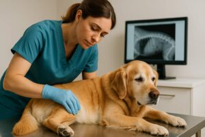 Tierärztin untersucht einen Hund auf dem Behandlungstisch, um die Anwendungsmöglichkeiten von Gabapentin zu prüfen.