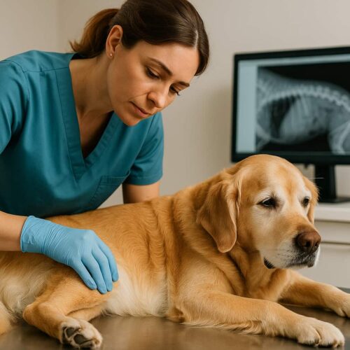 Tierärztin untersucht einen Hund auf dem Behandlungstisch, um die Anwendungsmöglichkeiten von Gabapentin zu prüfen.