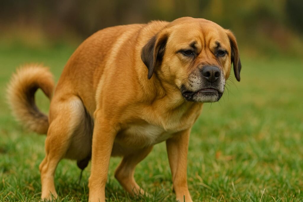 Ein Hund versucht im Freien Kot abzusetzen und zeigt dabei einen schmerzhaften Gesichtsausdruck.
