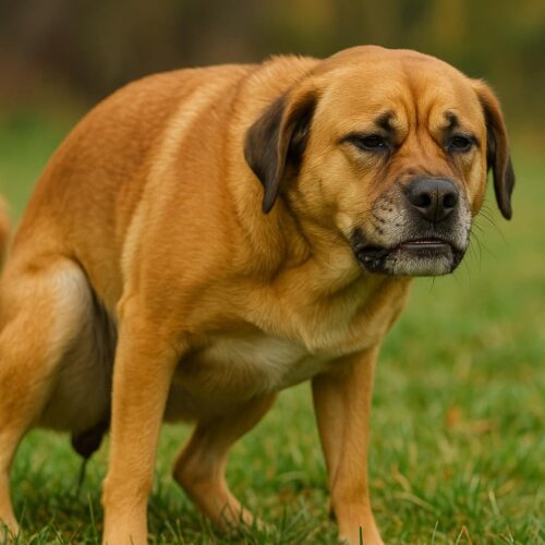 Ein Hund versucht im Freien Kot abzusetzen und zeigt dabei einen schmerzhaften Gesichtsausdruck.