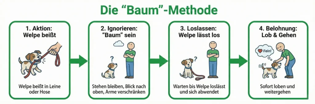 Grafik Entscheidungsbaum: Hund beißt -> Mensch bleibt stehen & ignoriert -> Hund lässt los -> Mensch lobt & geht weiter.