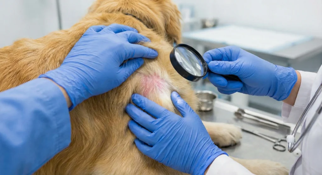 Tierarzt untersucht Hundehaut auf Parasiten