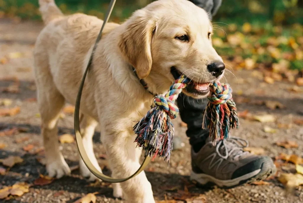 Glücklicher Welpe läuft an der Leine und trägt stolz ein Spielzeug im Maul.