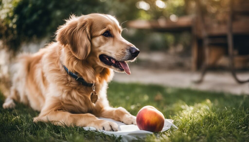 Hund mit Pfirsich vor den Pfoten