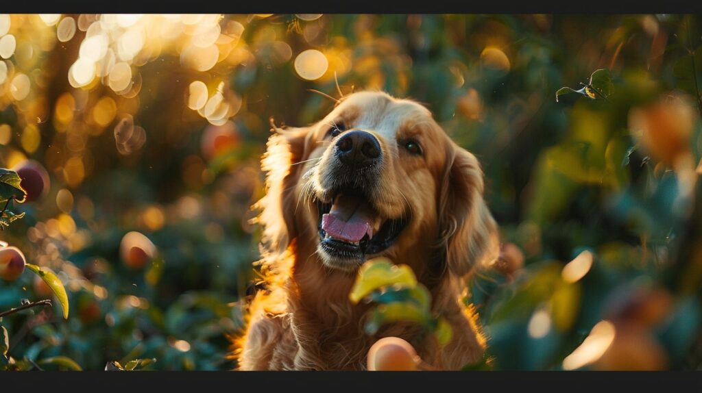 Ein fröhlicher Hund genießt Pfirsiche in einem üppigen Garten.