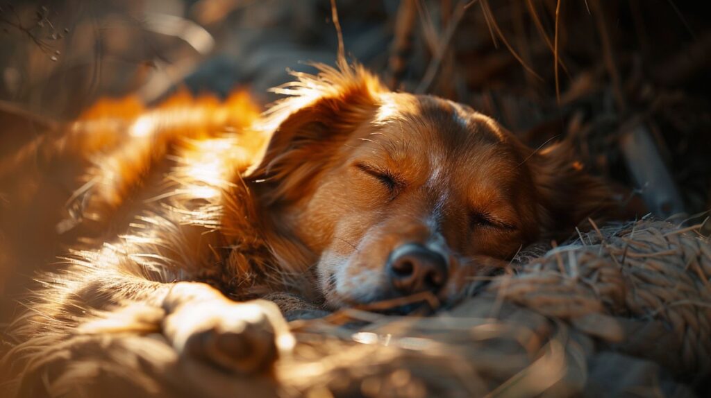 Ein friedlicher Hund schläft in einer gemütlichen Umgebung.