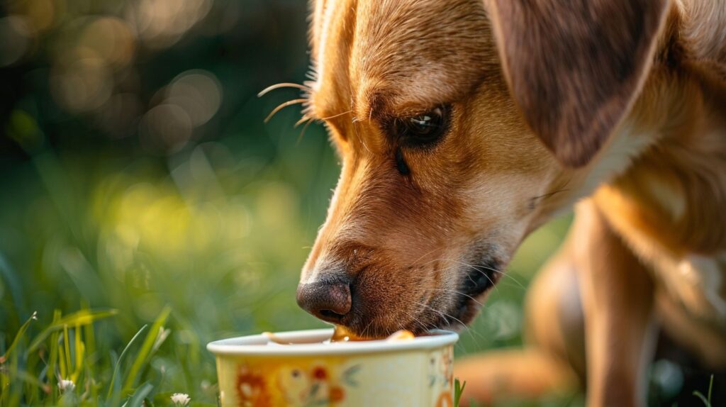 Ein süßer Hund genießt einen Teelöffel reinen Honig in der Natur.