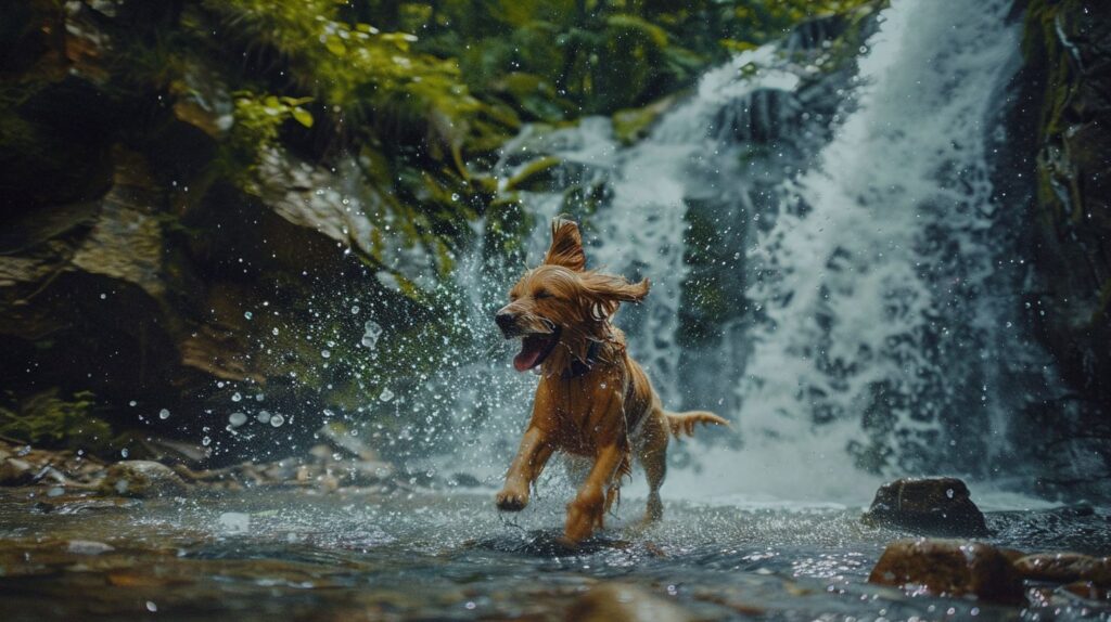 Ein nasser Hund schüttelt sich in der Nähe eines erfrischenden Wasserfalls.