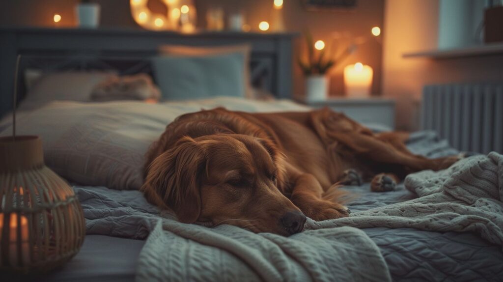 Hund schläft auf einem Bett in der Nacht