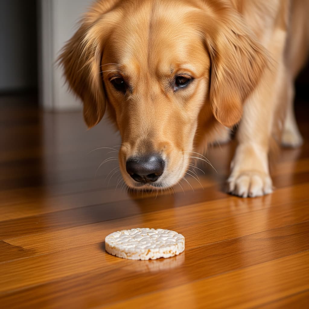 Ein neugieriger Hund blickt auf eine Reiswaffel, die auf dem Boden liegt.