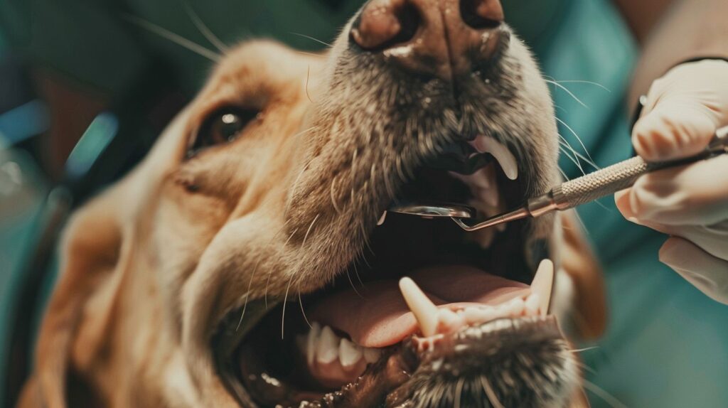 Ein Hundemaul mit fischigem Geruch, umgeben von zahnärztlichen Werkzeugen.