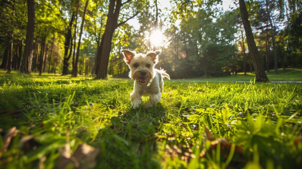 Ein Hund mit einem milbenabweisenden Halsband spielt im Park.