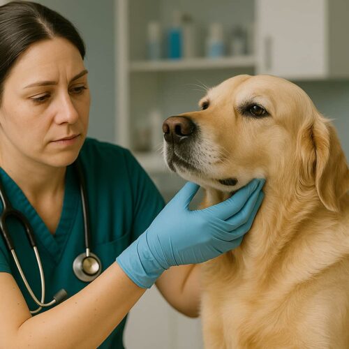 Eine Tierärztin tastet sorgfältig die geschwollenen submandibulären Lymphknoten am Hals eines Golden Retrievers ab, um die Ursache der Schwellung zu diagnostizieren.