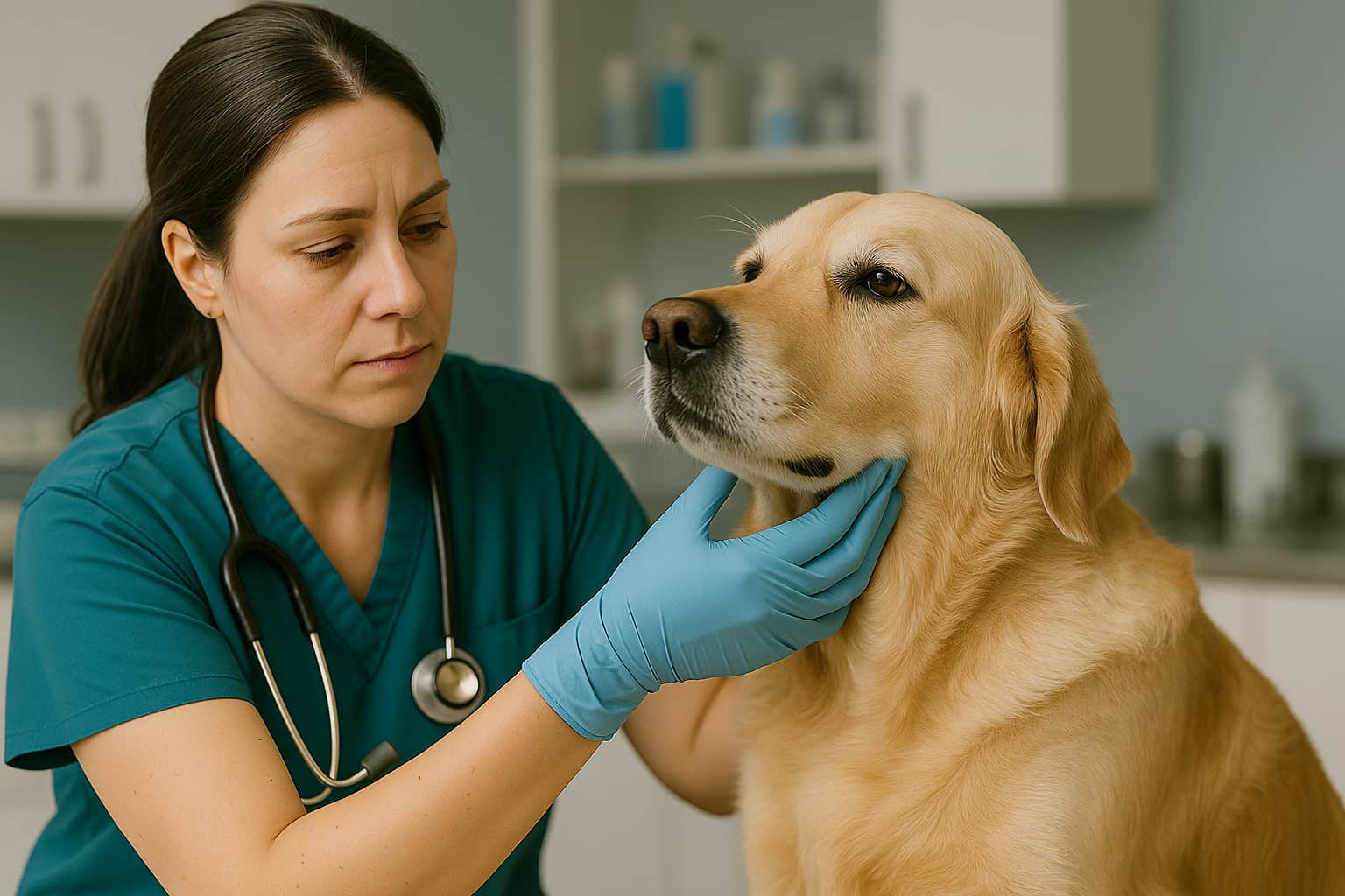 Eine Tierärztin tastet sorgfältig die geschwollenen submandibulären Lymphknoten am Hals eines Golden Retrievers ab, um die Ursache der Schwellung zu diagnostizieren.