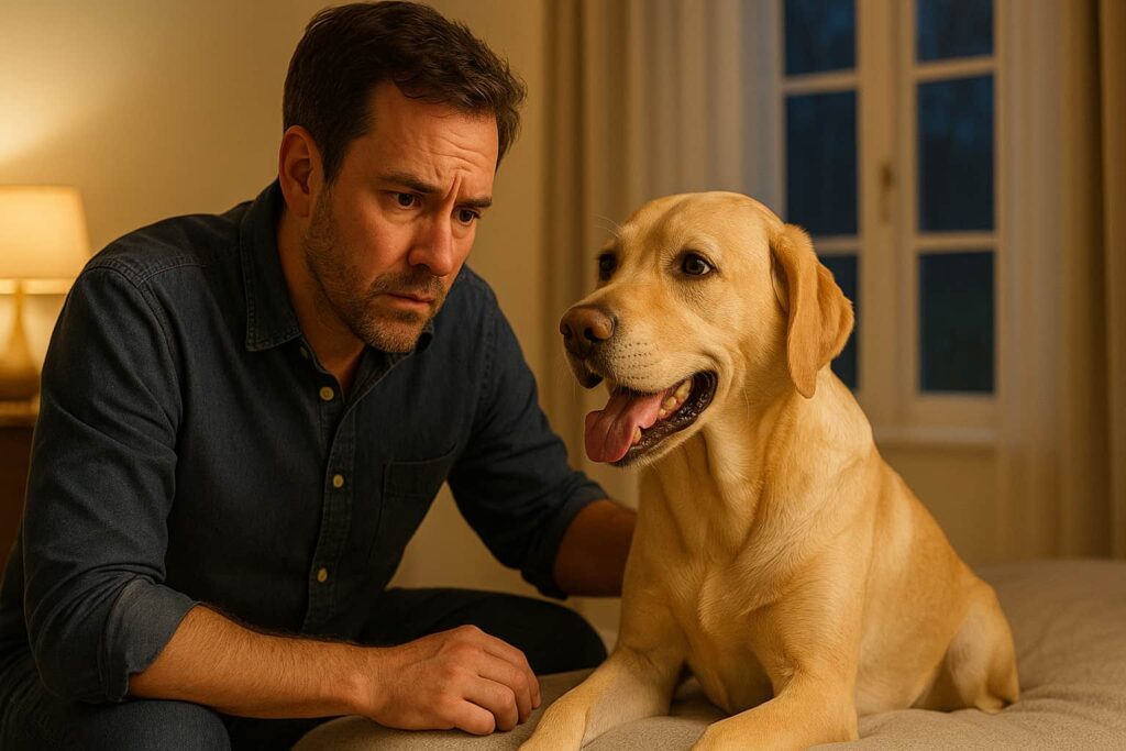 Besorgter Hundebesitzer beobachtet seinen hechelnden Hund in der Nacht, um gefährliche Anzeichen zu erkennen.