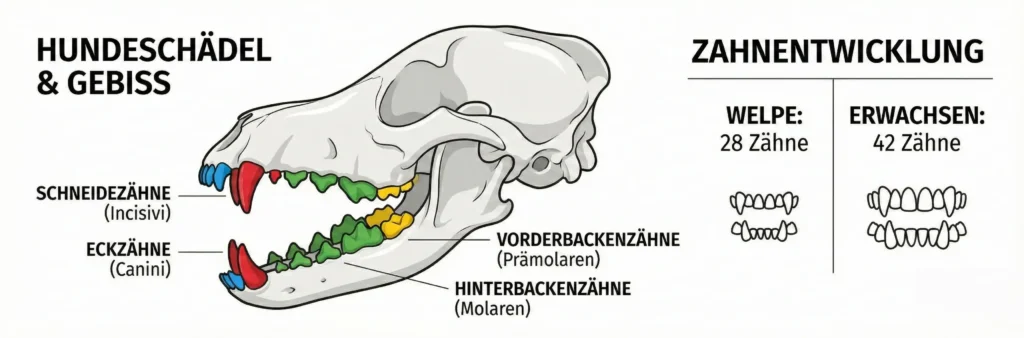 Anatomische Zeichnung des Hundegebisses: Schneidezähne, Fangzähne, Prämolare und Molare farblich markiert.