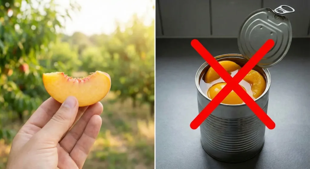 Infografik zeigt einen aufgeschnittenen Pfirsich: Das Fruchtfleisch hat einen grünen Haken, der Kern einen roten Totenkopf (Warnung vor Blausäure)