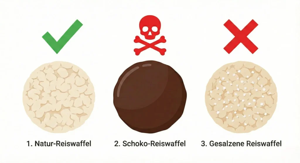 Infografik zeigt Reiswaffeln: Natur ist okay (Haken), Schoko und Salzig sind durchgestrichen (Verboten)