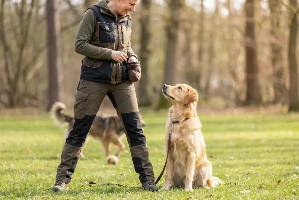 Hund will schleichen, Halter stellt sich aktiv in den Weg (blockiert Sichtlinie) und bietet ein Leckerli an. Hund schaut zum Halter.