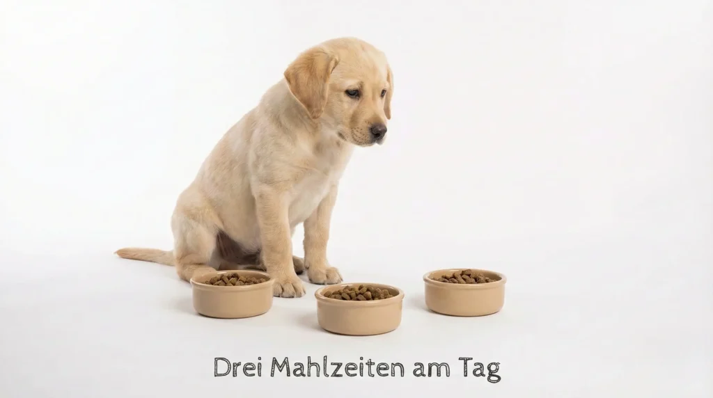 Ein kleiner Labrador-Welpe sitzt erwartungsvoll vor drei kleinen, gefüllten Futternäpfen, die im Halbkreis angeordnet sind