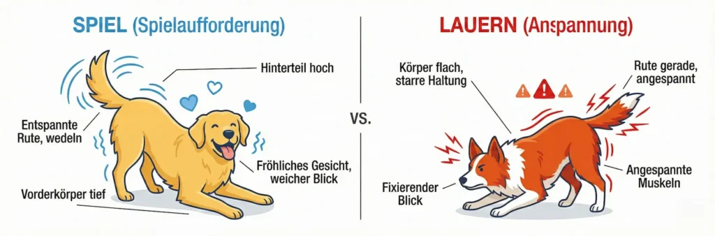 Vergleichsgrafik: Links 'Der Jäger' (Ohren vor, Blick starr, Rute oben/waagerecht). Rechts 'Der Ängstliche' (Ohren zurück, Rute eingeklemmt, Blick abwendend). Text: Fixieren vs. Meiden.
