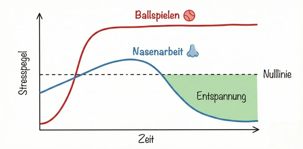 Vergleichsgrafik: 'Ballspielen' führt zu steiler Kurve nach oben (Adrenalin), 'Nasenarbeit' führt zu sanfter Kurve nach unten (Entspannung)
