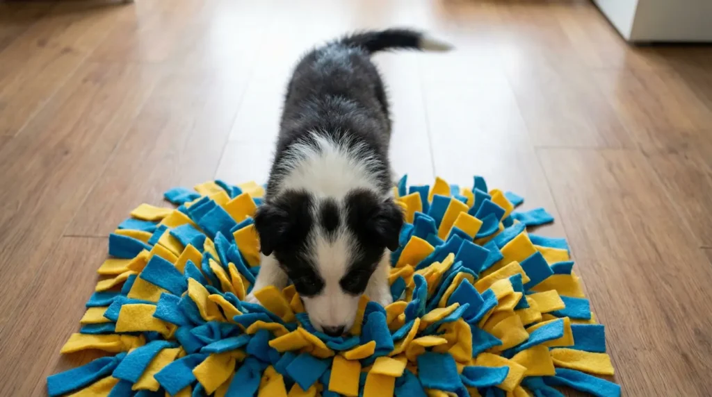 Ein kleiner Welpe steht konzentriert auf einem bunten Schnüffelteppich aus Fleece-Streifen und sucht mit der Nase nach versteckten Leckerlis