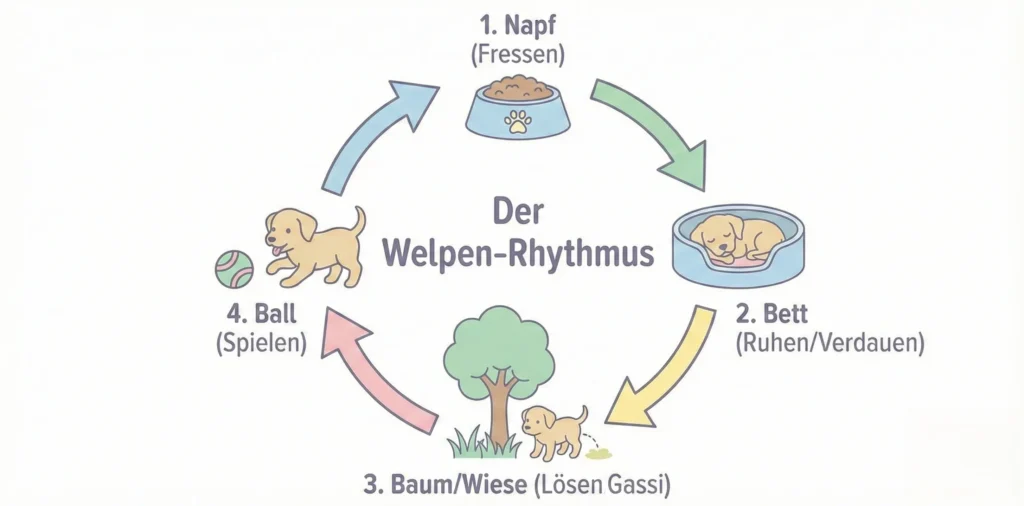 Zeitstrahl-Grafik: Fressen -> 2 Stunden Ruhe (Magen arbeitet) -> Lösen (Gassi) -> Aktivität -> Schlafen