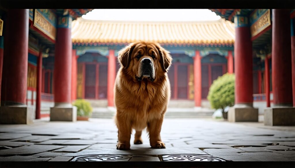 Ein majestätischer tibetanischer Mastiff in einem traditionellen chinesischen Innenhof.