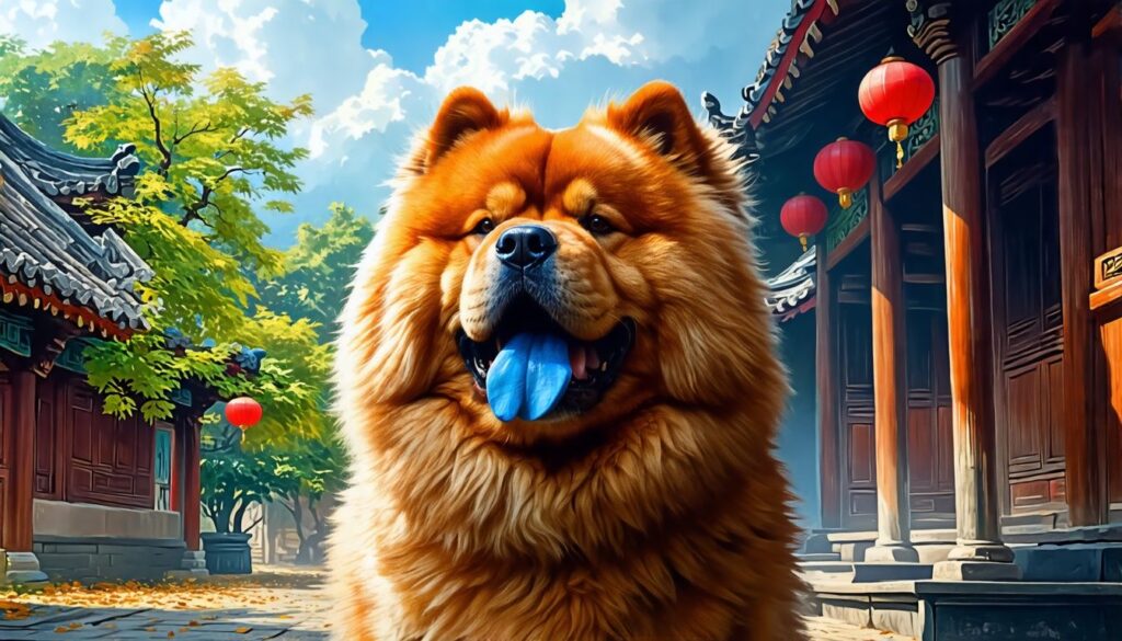 Ein majestätischer Chow Chow in einem traditionellen chinesischen Innenhof.