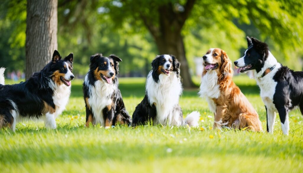 Eine vielfältige Gruppe von Hunden zeigt unterschiedliche Verhaltensweisen und Energielevel im Park.