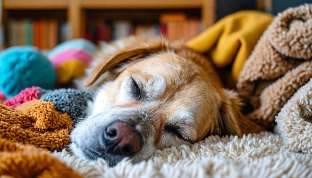 Ein älterer Hund schläft friedlich in einer gemütlichen Ecke.