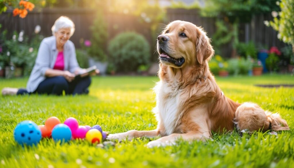 Eine ruhige Hundetrainingssitzung im Garten mit einem älteren Frauchen.