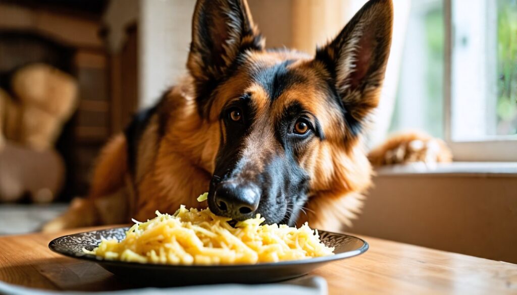 Ein Deutscher Schäferhund isst etwas Sauerkraut im Wohnzimmer.