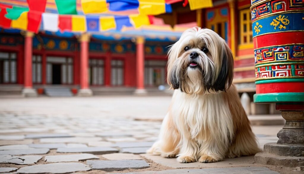 Ein ruhiger Lhasa Apso neben einem traditionellen tibetischen Gebetsrad.