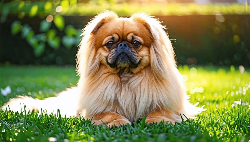 Ein stolzer Pekinese Hund posiert majestätisch im Garten.