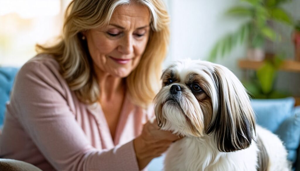 Eine mittelalterige Frau pflegt sorgfältig einen Shih Tzu in einem gemütlichen Wohnzimmer.