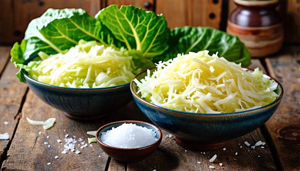 Zwei Schüsseln mit rohem und gekochtem Sauerkraut sowie frischem Kohl.