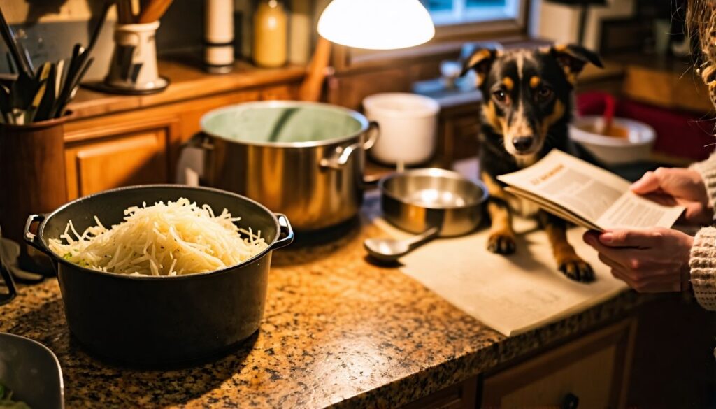 Eine rustikale Küchentheke mit Sauerkraut, einer Kochtopf und einem besorgten Hundebesitzer, der einen tierärztlichen Flyer liest.