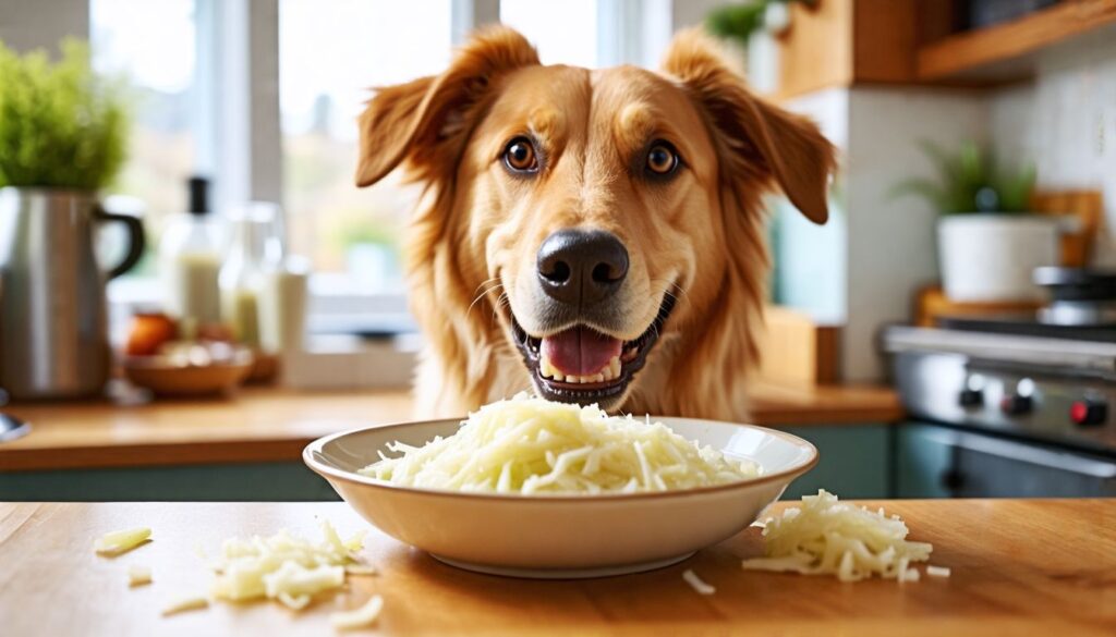 Ein glücklicher Hund isst Sauerkraut gemischt mit ungewürzter Brühe.