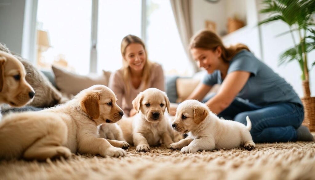 Eine Familie spielt mit einem Wurf Welpen im Wohnzimmer.