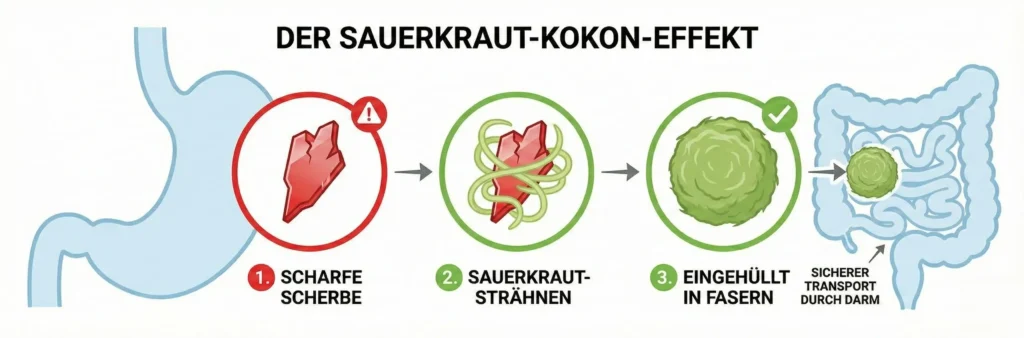 Grafik in 3 Schritten: 1. Hund frisst spitzen Gegenstand. 2. Sauerkraut wickelt sich im Magen um den Gegenstand. 3. Gegenstand wird im Kot 'verpackt' ausgeschieden.