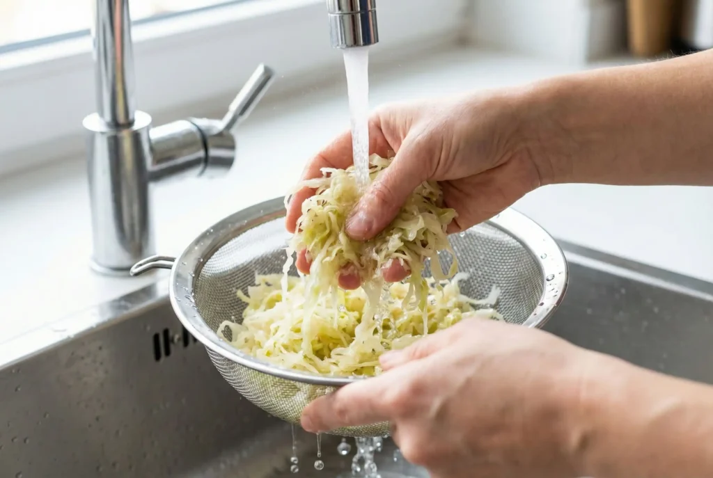 Hände waschen Sauerkraut in einem Sieb unter Wasserhahn aus. Fokus auf das Entfernen von Salz.