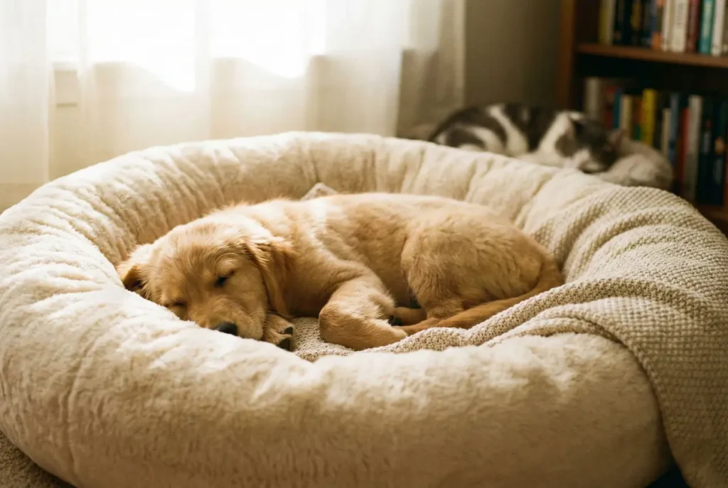 Süßer Welpe schläft tief und fest auf seiner Decke. Im Hintergrund unscharf Spielzeug.