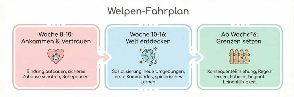 Zeitstrahl Grafik: Woche 8-10 (Bindung & Stubenreinheit), Woche 10-16 (Umwelt & Beißhemmung), Ab Woche 16 (Grenzen & Pubertät).