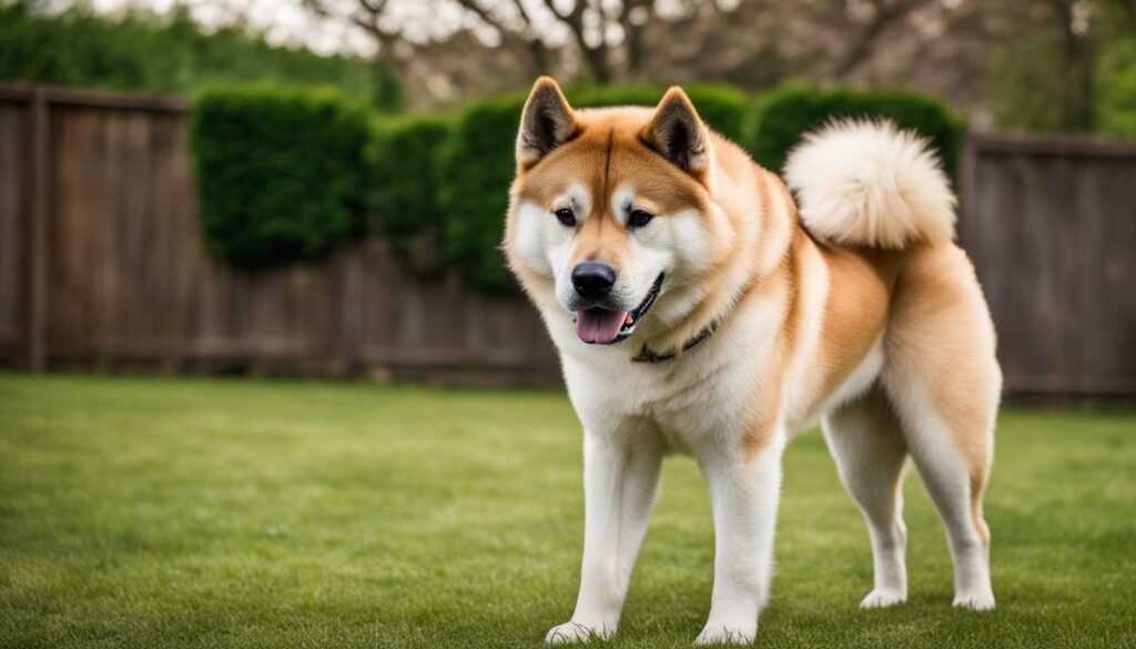 Ein starker Akita-Hund mit 350 PSI Beißkraft im Hinterhof.